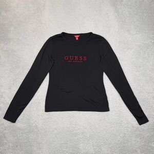 Guess Los Angeles Womens Long Sleeve Embroidered Logo Tee Black Red Medium